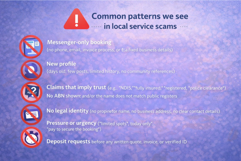 Checklist graphic of common scam patterns in local service posts